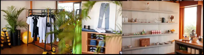 Wardrobe and product set dressed with plants and warm timber shelving