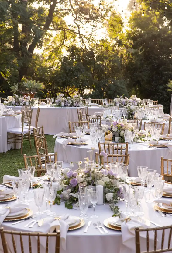 Garden reception tables in white linen with soft lilac and ivory centerpieces