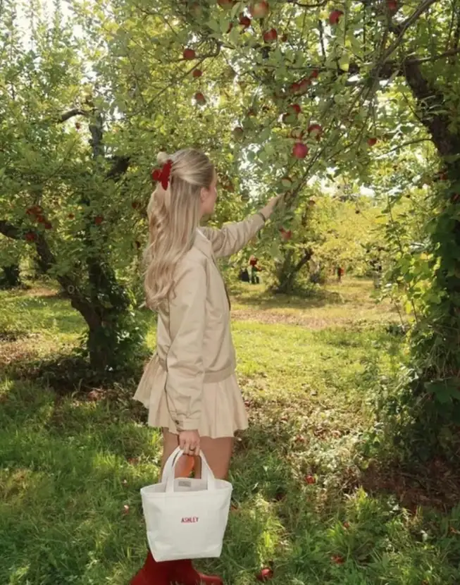 A guest picking apples in the orchard before dinner